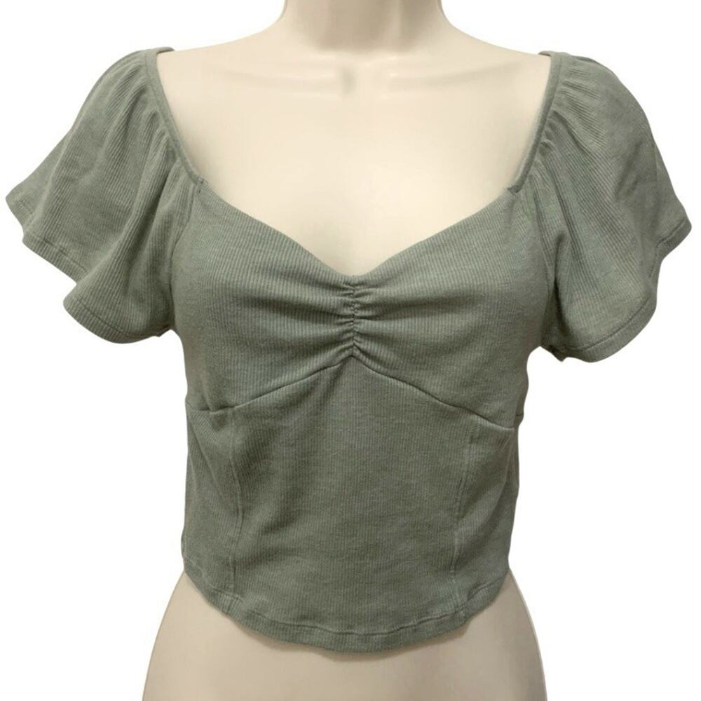 American Eagle Crop Top Womens XS Green Ribbed Ruched Flutter Sleeve Stretch